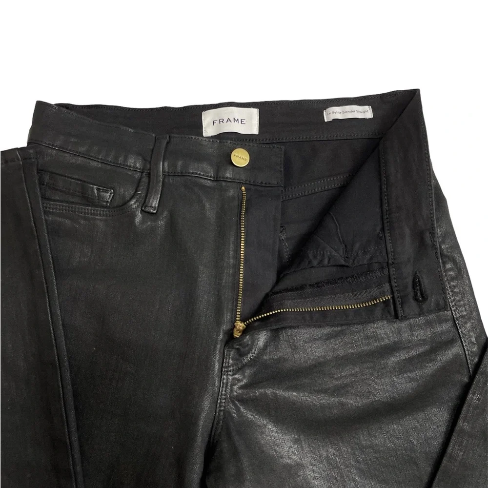 Frame High Rise Straight Coated  Stretchy Jeans in Noir Womens Size 29 - Picture 6 of 14